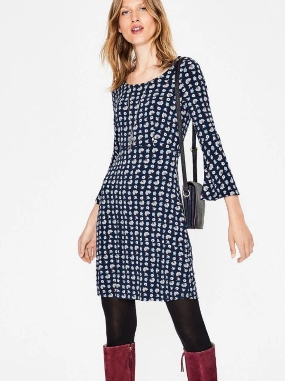 Boden Miriam Jersey Bell Sleeve Mini Dress Navy Flower Press NWT